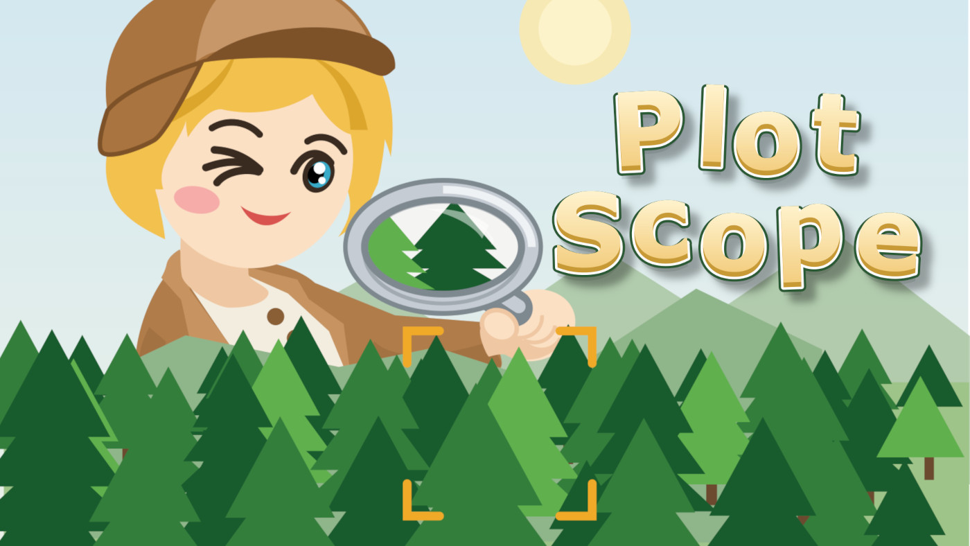 森を虫めがねで覗き込む探偵の絵。PlotScope の題材を表したイラスト