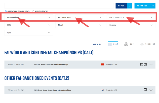 FAI Event page search setting for dronesoccer 